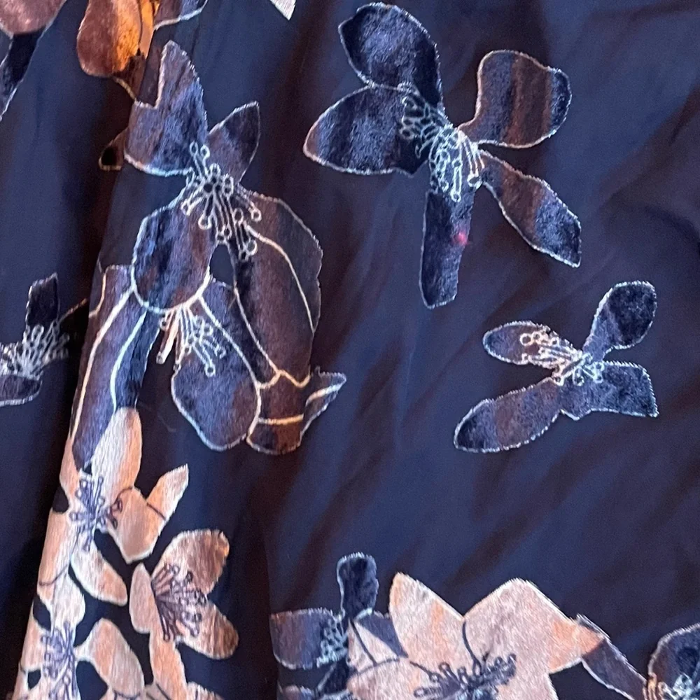 Lulus Navy Floral High Low Feminine Flowy Midi Dress Velvet Detail | Small NWT